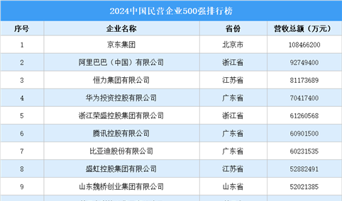 2024中国民营企业500强排行榜（附完整榜单）