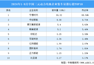 2024年1-9月中国三元动力电池企业装车量排行榜TOP10（附榜单）