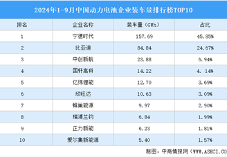 2024年1-9月中国动力电池企业装车量排行榜TOP10（附榜单）