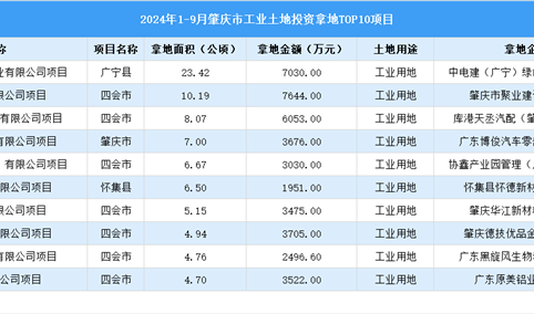 2024年1-9月肇庆市十大工业土地投资项目拿地面积逾80公顷（图）