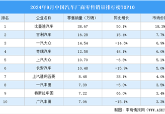 2024年9月中国汽车厂商零售销量排行榜TOP10（附榜单）