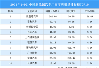 2024年1-9月中国新能源汽车厂商零售销量排行榜TOP10（附榜单）