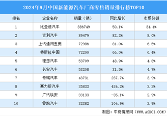 2024年9月中国新能源汽车厂商零售销量排行榜TOP10（附榜单）