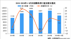 2024年1-9月中国粮食进口数据统计分析：进口量同比增长7.8%