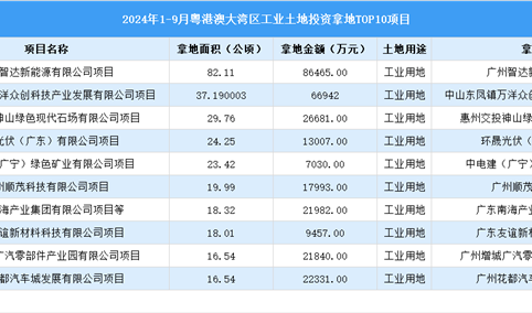 招商观察 | 2024年1-9月粤港澳大湾区这10个工业项目土地投资规模最大