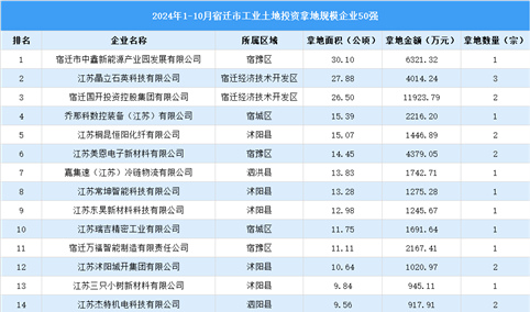 投资情报 · 盐城篇 | 2024年1-10月盐城市这50家企业工业土地投资规模最大