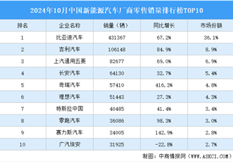 2024年10月中國(guó)新能源汽車(chē)廠商零售銷(xiāo)量排行榜TOP10（附榜單）