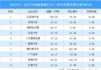 2024年1-10月中國(guó)新能源汽車(chē)廠商零售銷(xiāo)量排行榜TOP10（附榜單）