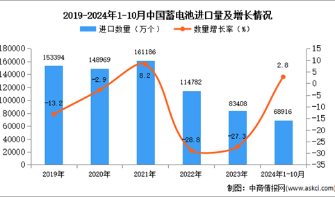 2024年1-10月中国蓄电池进口数据统计分析：进口量同比增长2.8%