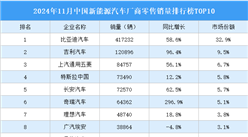 2024年11月中國(guó)新能源汽車廠商零售銷量排行榜TOP10（附榜單）