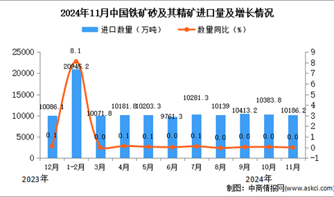 2024年11月中国铁矿砂及其精矿进口数据统计分析：进口量10186.2万吨