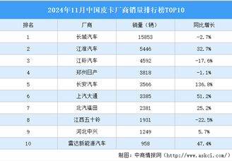 2024年11月中国皮卡厂商销量排行榜TOP10（附榜单）