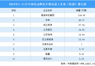 2024年1-11月中国电动摩托车销量前十企业（集团）排行榜（附榜单）