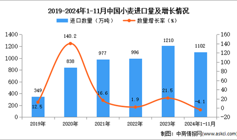 2024年1-11月中国小麦进口数据统计分析：进口量同比下降4.1%