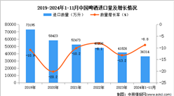 2024年1-11月中國啤酒進口數(shù)據統(tǒng)計分析：進口量同比下降8.8%