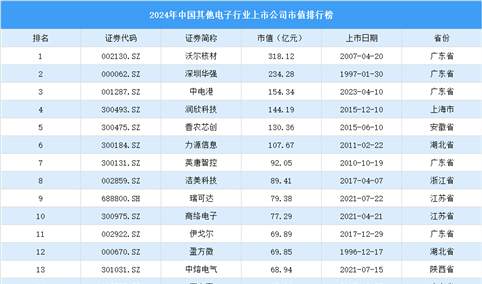 2024年中国其他电子行业上市公司市值排行榜（附榜单）