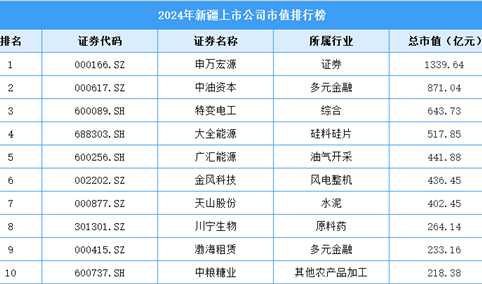 2024年新疆上市公司市值排行榜（附榜单）