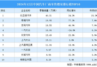 2024年12月中國(guó)汽車廠商零售銷量排行榜TOP10（附榜單）