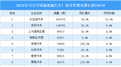 2024年12月中国新能源汽车厂商零售销量排行榜TOP10（附榜单）