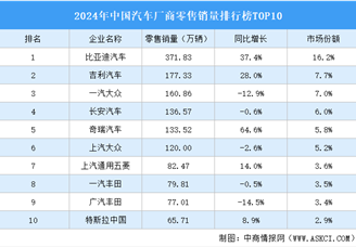 2024年中國(guó)汽車廠商零售銷量排行榜TOP10（附榜單）