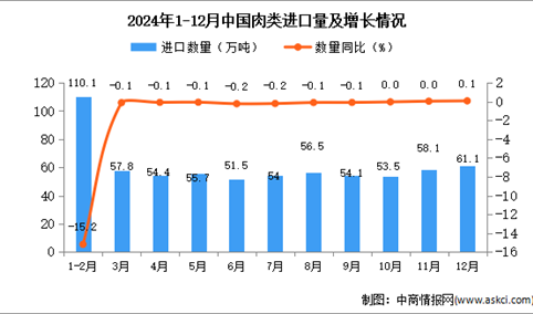 2024年12月中国肉类进口数据统计分析：进口量61.1万吨