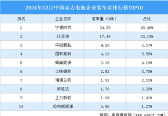 2024年12月中國動(dòng)力電池企業(yè)裝車量排行榜TOP10（附榜單）