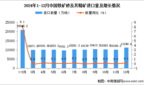 2024年12月中国铁矿砂及其精矿进口数据统计分析：进口量11248.6万吨