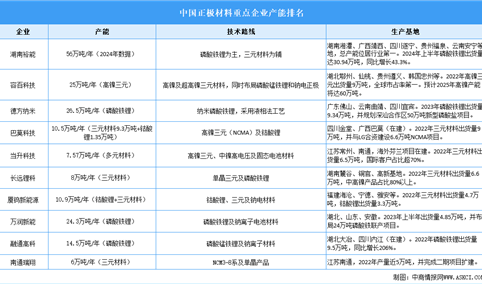 2025年中国正极材料出货量及重点企业产能排名分析（图）