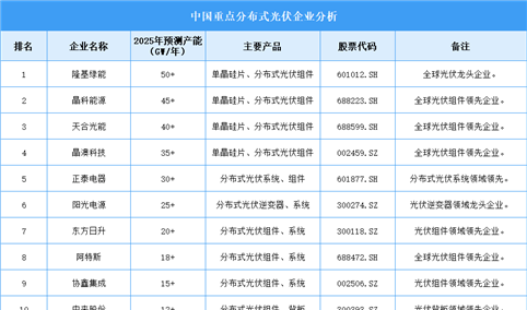 2025年中国分布式光伏重点企业产能预测（图）