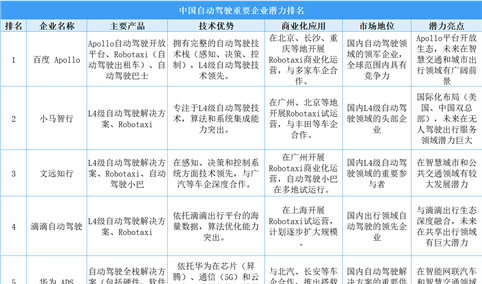 2025年中国自动驾驶重要企业潜力排名（图）