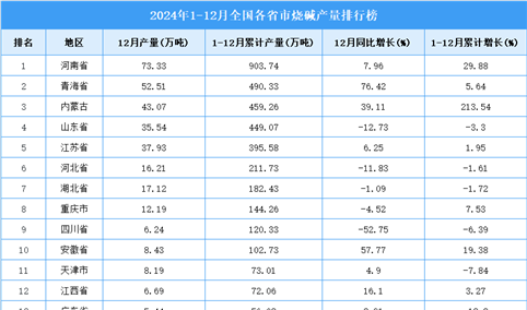 2024年全国各省市纯碱产量排行榜