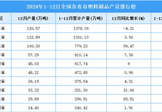 2024年全国各省市塑料制品产量排行榜