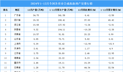 2024年全国各省市合成洗涤剂产量排行榜