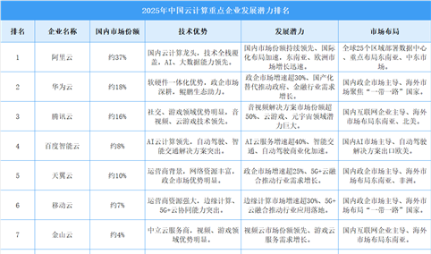 2025年中国云计算企业发展潜力排名（图）