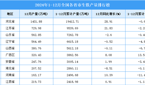 2024年全国各省市生铁产量排行榜