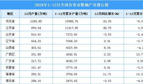 2024年全国各省市粗钢产量排行榜