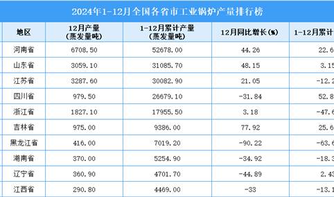 2024年全国各省市工业锅炉产量排行榜