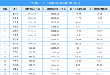 2024年全国各省市发动机产量排行榜