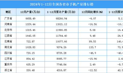 2024年全国各省市手机产量排行榜