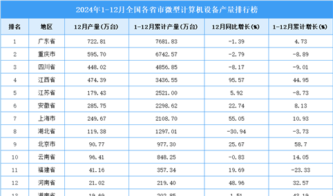 2024年全国各省市微型计算机设备产量排行榜