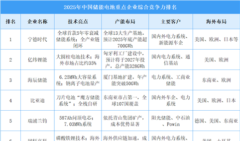 2025年中国储能电池重点企业综合竞争力排名（图）