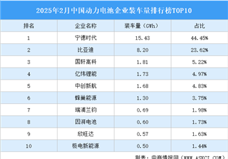 2025年2月中国动力电池企业装车量排行榜TOP10（附榜单）