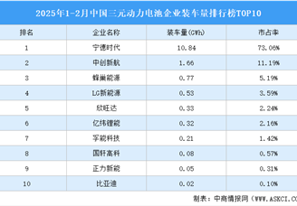 2025年1-2月中国三元动力电池企业装车量排行榜TOP10（附榜单）