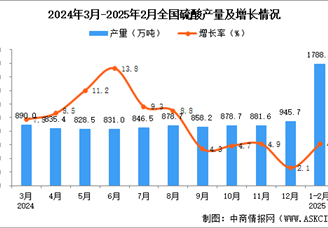 2025年1-2月全國硫酸產(chǎn)量數(shù)據(jù)統(tǒng)計(jì)分析