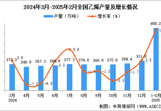 2025年1-2月全國(guó)乙烯產(chǎn)量數(shù)據(jù)統(tǒng)計(jì)分析