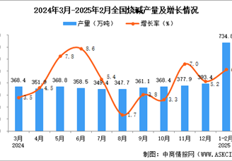 2025年1-2月全國燒堿產(chǎn)量數(shù)據(jù)統(tǒng)計(jì)分析
