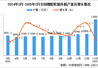 2025年1-2月全國橡膠輪胎外胎產(chǎn)量數(shù)據(jù)統(tǒng)計(jì)分析