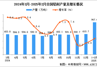 2025年1-2月全國鋁材產(chǎn)量數(shù)據(jù)統(tǒng)計分析