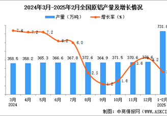 2025年1-2月全國原鋁產(chǎn)量數(shù)據(jù)統(tǒng)計分析