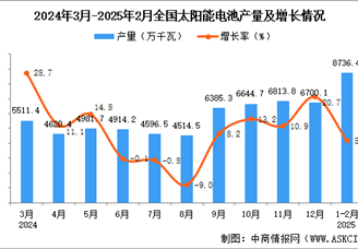 2025年1-2月全國(guó)太陽(yáng)能電池（光伏電池）產(chǎn)量數(shù)據(jù)統(tǒng)計(jì)分析